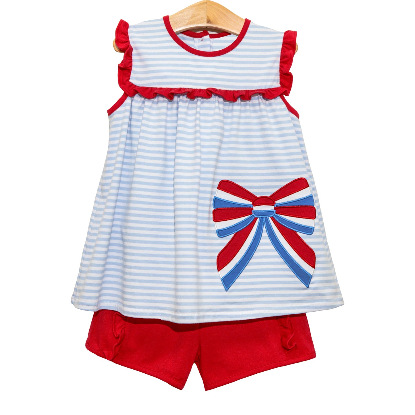 Girls Light Blue Stripe Ruffle Bow Tunic Shorts Set 4th of July Patriotic Clothing Outfit