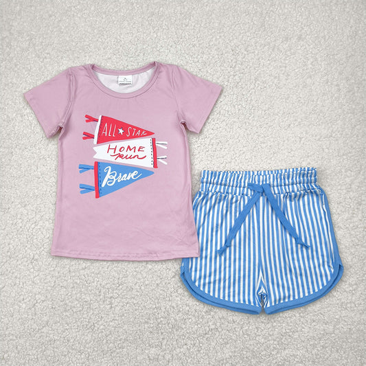 GSSO2288RTS NO MOQ Baby Girls Summer Outfits Girls Pink Short Sleeve Brave Top with Stripe Shorts Set Little Baseball Fan Outfit
