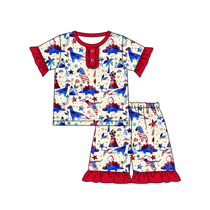 Girls Red Blue Dinosaur Halter Tunic Ruffle Shorts Outfit Set Cute Animal Print Halter Top Matching Ruffle Shorts