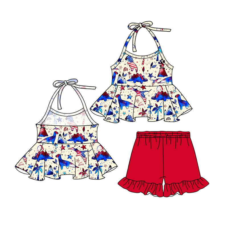 Girls Red Blue Dinosaur Halter Tunic Ruffle Shorts Outfit Set Cute Animal Print Halter Top Matching Ruffle Shorts