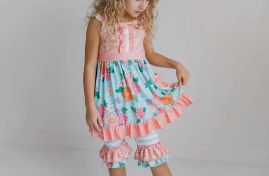 GSSO2291Kids Floral Pocket Ruffle Tunic Short Set - Girls Clothing Soft Cotton Outfit for Spring/Summer
