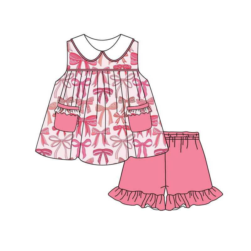 Girls Sleeveless Bow Pocket Tunic Short Set Pink Casual Comfortable Clothing for Kids