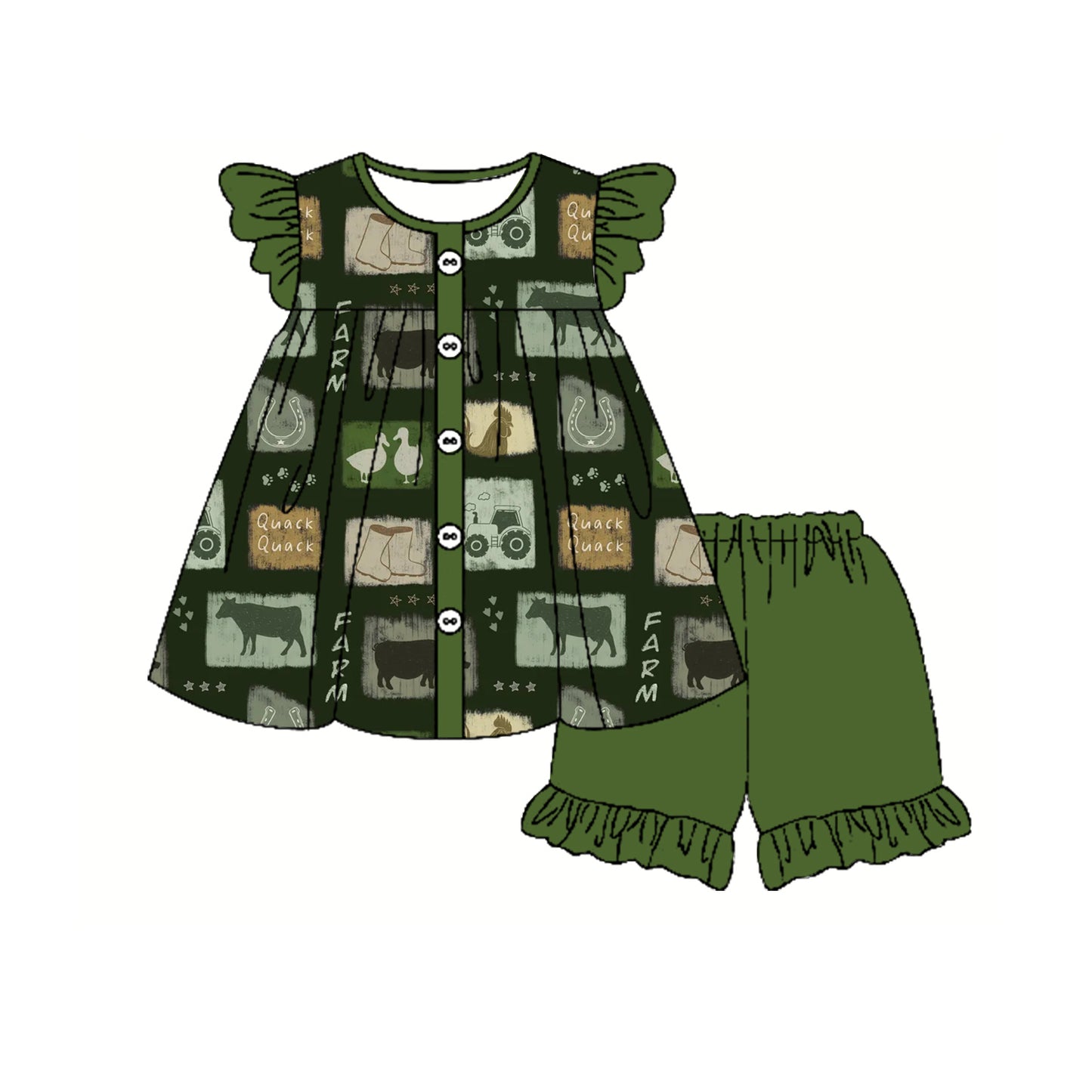 Farm Girls Outfit with Flutter Sleeves Cow Tractor Tunic And Shorts Set Cute Country Style Children's Clothing for Girls