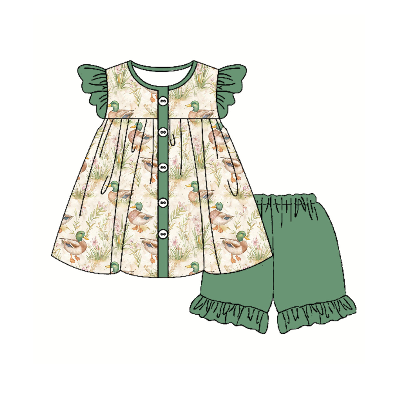 Girls Outfit with Flutter Sleeves Duck Buttons Tunic And Shorts - Cute And Fashionable Clothing Set for Little Ones