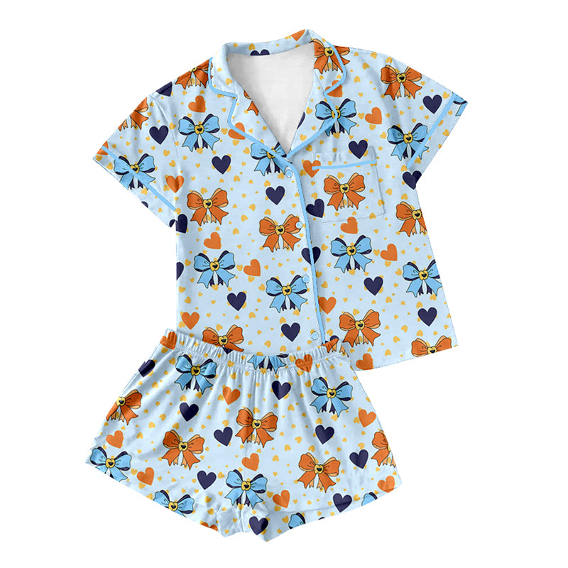 Adult Women's Button-Down Pajamas Yellow Blue Dog Bow Design Comfortable Sleepwear for Ladies
