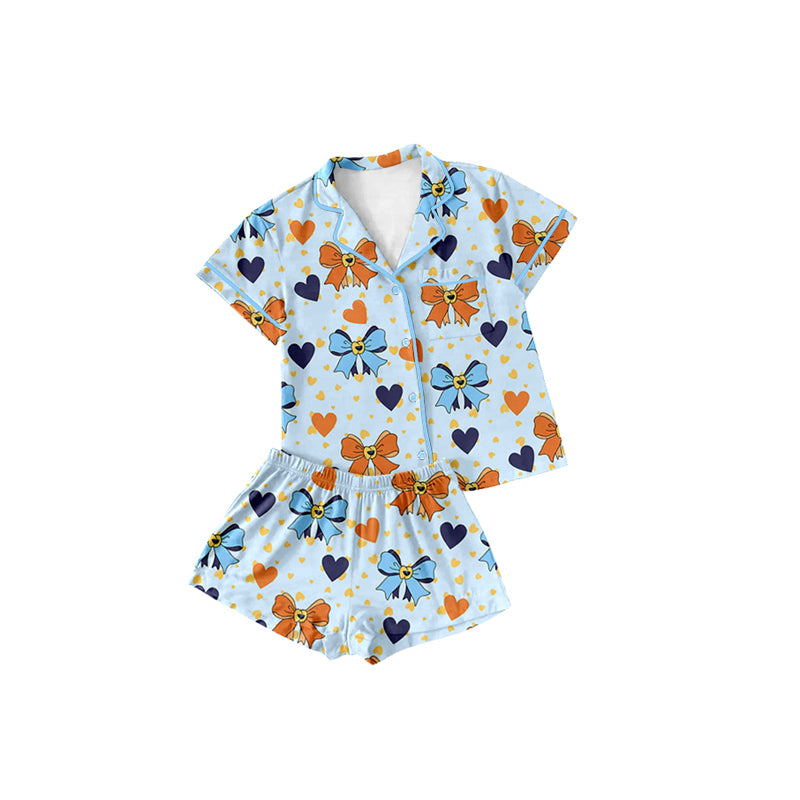 Adult Women's Button-Down Pajamas Yellow Blue Dog Bow Design Comfortable Sleepwear for Ladies