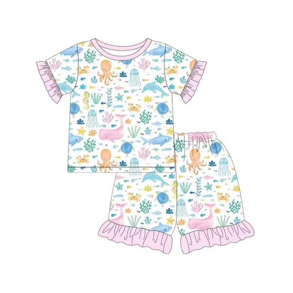 Girls Pink Short Sleeve Summer Pajamas Octopus Turtle Fish Fun Print Comfortable Sleepwear for Kids