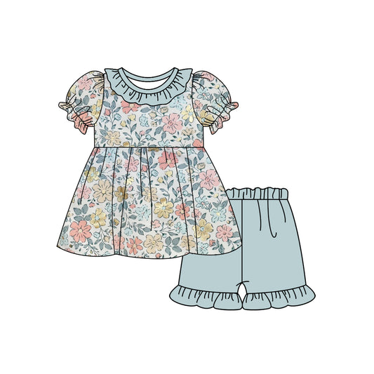 GSSO2300Floral Ruffle Short Sleeve Tunic Shorts Set for Girls Cute Casual Children's Clothing Outfit