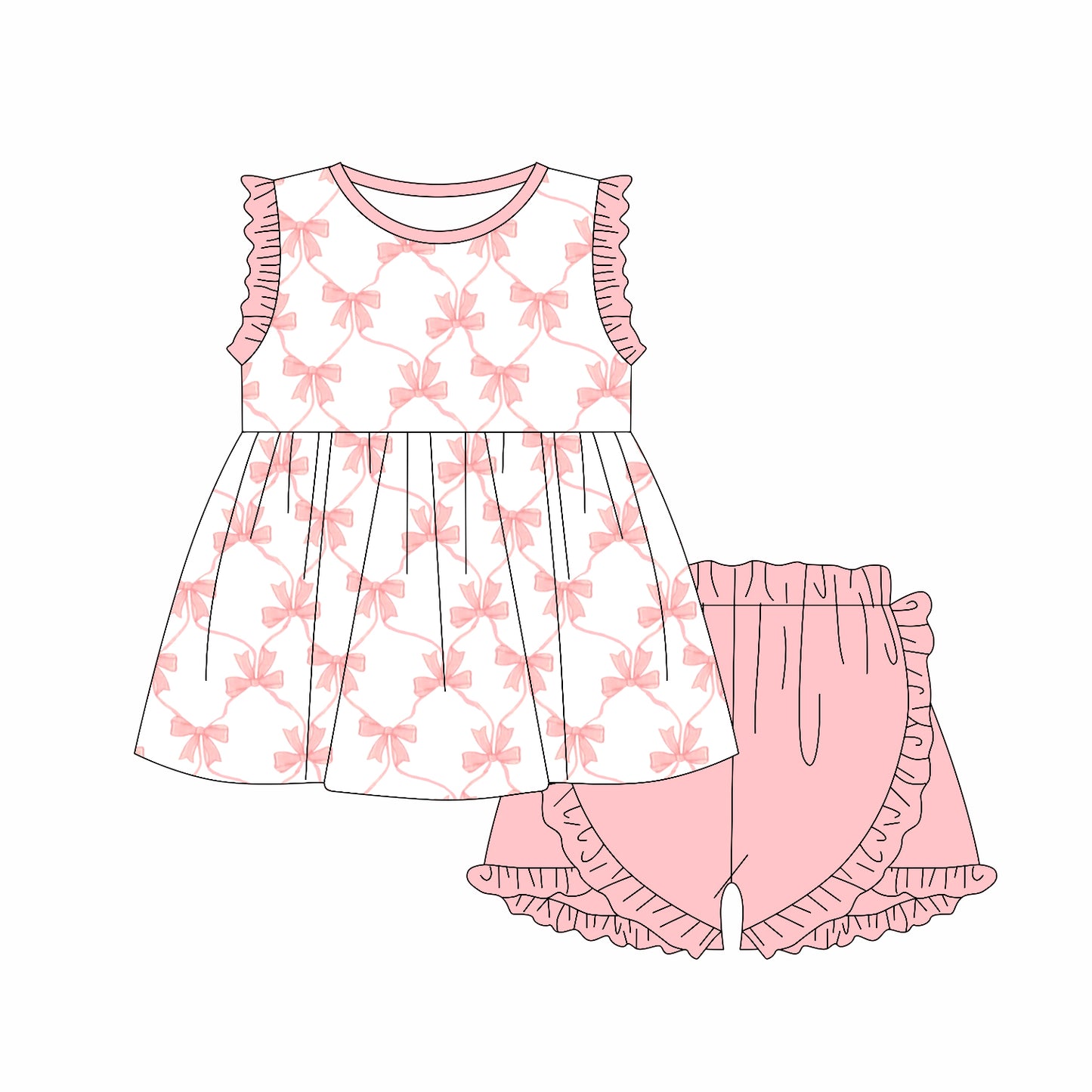 GSSO2301Girls Ruffle Sleeveless Bow Tunic Short Set Summer Clothing Cute Feminine Style Kids' Outfits for Warm Weather