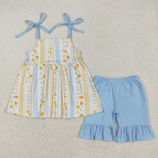 7.15  GSSO2302RTS NO MOQ Baby Girls Summer Outfits Baby Girls Light Blue Strap Floral Stripe Tunic Ruffle Short Set