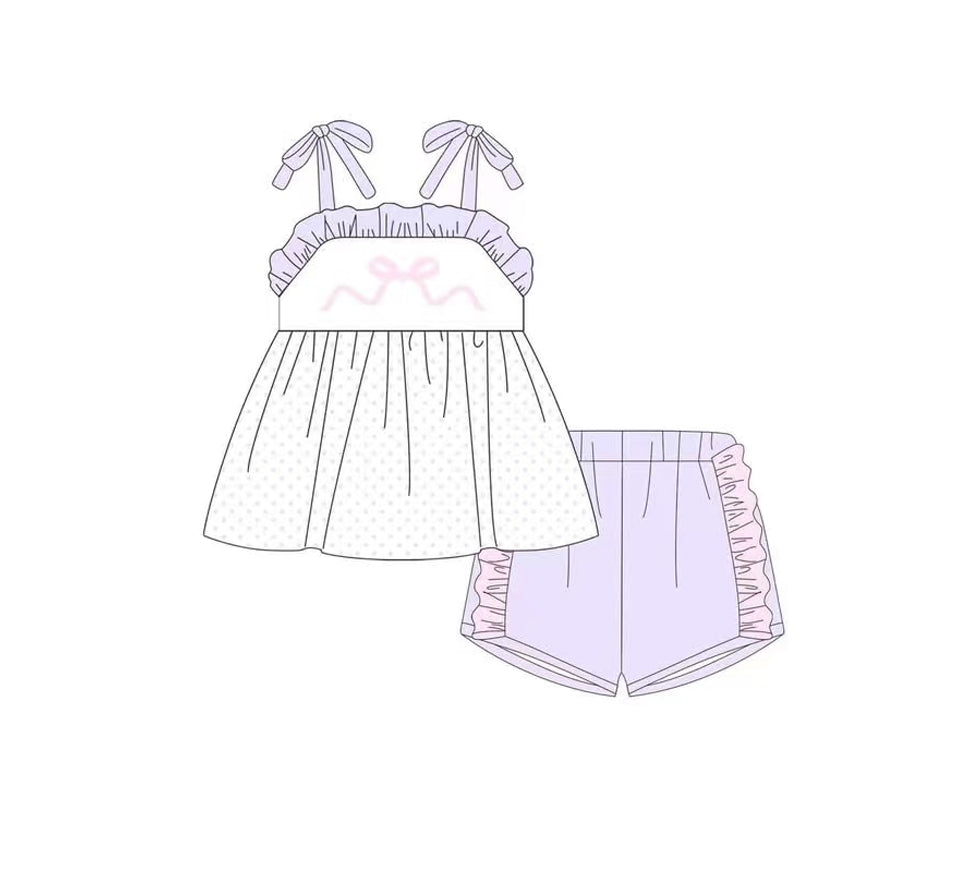 Girls Lavender Polka Dot Tunic Short Set with Straps Bow - Cute Floral Print Outfit for Little Girls