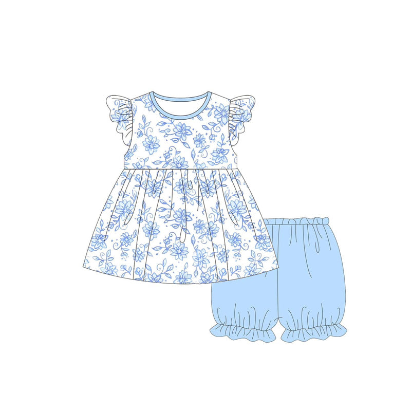 Kids Girls Light Blue Flutter Sleeve Tunic Short Set - Breathable Comfortable Clothing for Children