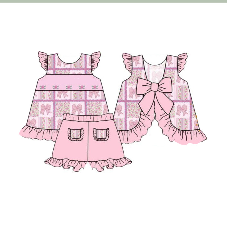 GSSO2305Girls Summer Outfits Floral Patchwork Top with Flutter Sleeves And Bow Detail for Kids Age 7-14 Years