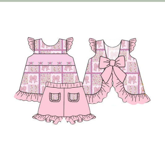 GSSO2305Girls Summer Outfits Floral Patchwork Top with Flutter Sleeves And Bow Detail for Kids Age 7-14 Years