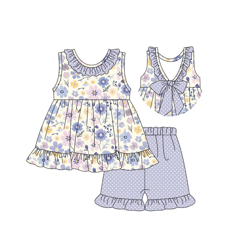 Girls Polka Dots Ruffle Floral Tunic Short Outfit Set Cute Spring Summer Children's Clothing Set for Kids