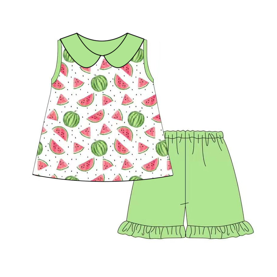 Girls Green Sleeveless Watermelon Print Top with Ruffle Shorts Summer Clothing Set for Kids