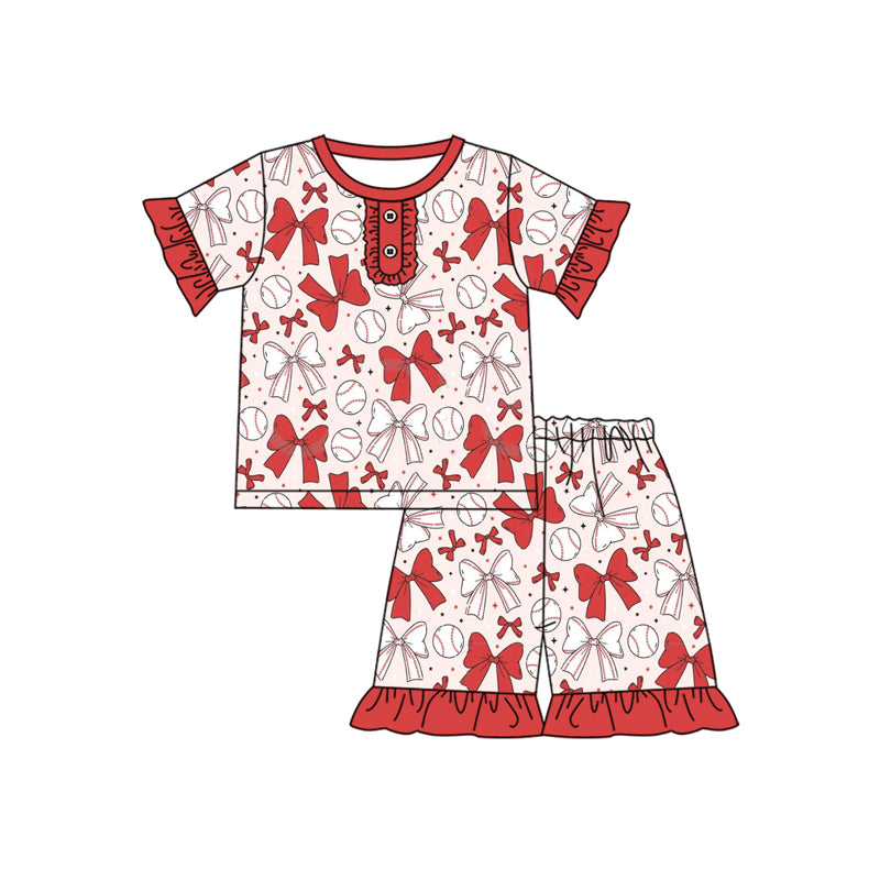 Kids Girls Short Sleeve Baseball Pajamas with Red Bow - Comfortable Sleepwear for Children