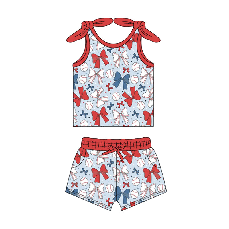 Kids Girls Sleeveless Baseball Set with Red Blue Bow Active Wear Outfit