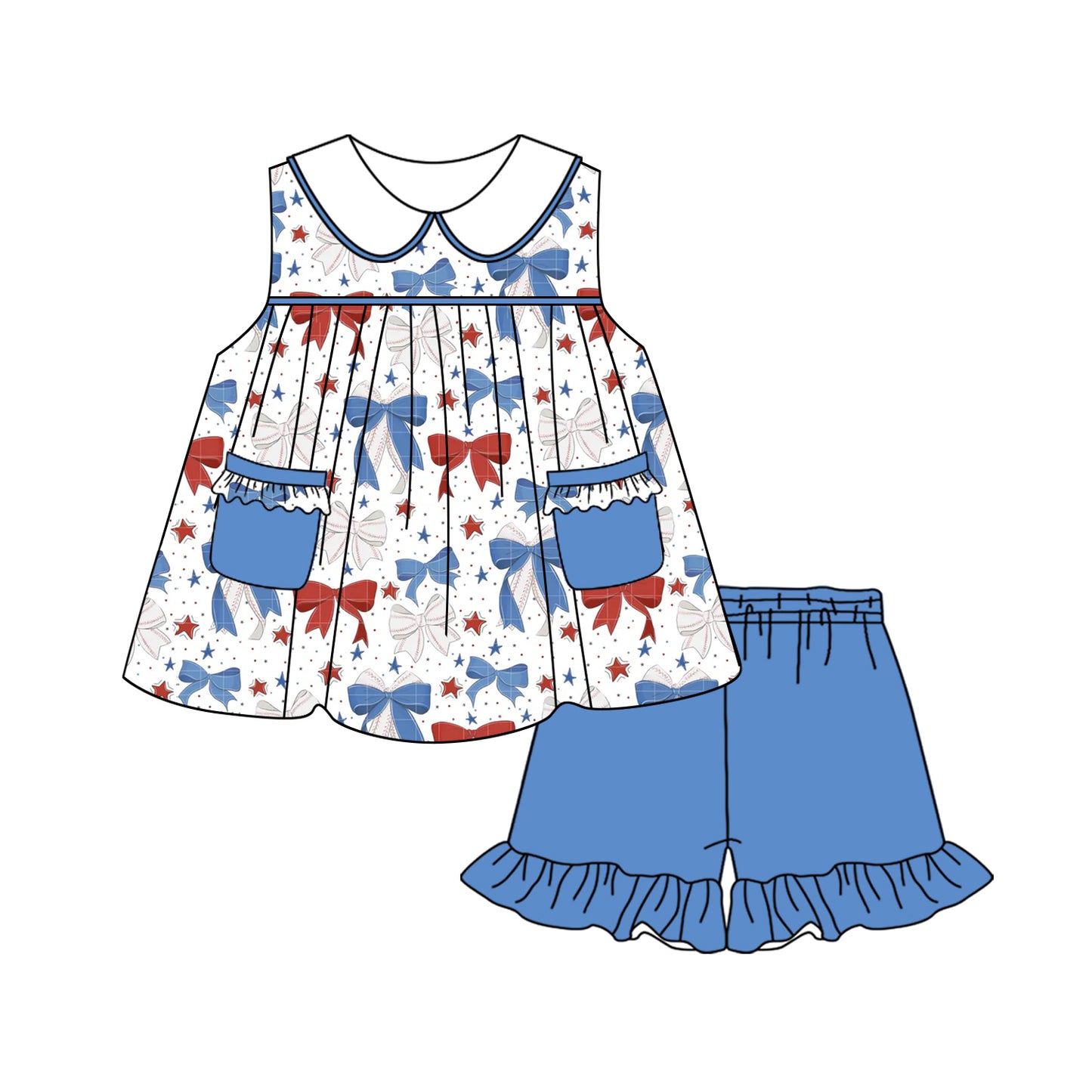 Girls Sleeveless Red Blue Bow Tunic Shorts Set 4th of July Patriotic Clothing for Kids