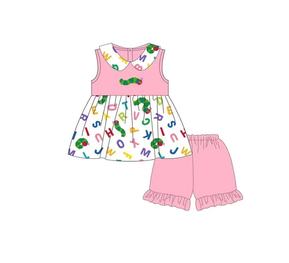 Girls Sleeveless Pink Worm Letter T-Shirt Back to School Outfit Casual Fun Print Children's Top for Ages 6-12