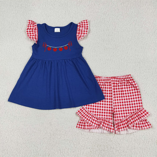 GSSO2314 RTS NO MOQ Baby Girls Summer Outfits Embroidery Baby Girls Red Plaid Flutter Sleeves Apples Tunic Ruffle Short Set