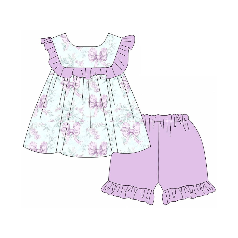 Girls Lavender Ruffle Floral Bow Tunic Short Set Cute Casual Clothing Outfit for Kids