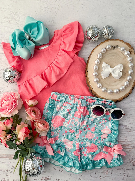 GSSO2316Girls Floral Clothing Set with Flutter Sleeves Ruffle Top And Matching Floral Shorts for Spring Summer
