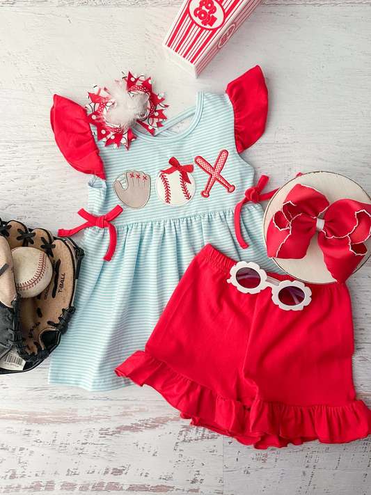 GSSO2317RTS NO MOQ Baby Girls Summer Outfits Girls Baseball Tunic with Flutter Sleeves Ruffle Shorts Outfit Set Casual Comfortable Clothing for Kids