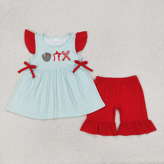 5.20 GSSO2317 RTS NO MOQ Baby Girls Summer Outfits  Embroidery Baby Girls Baseball Flutter Sleeve Tunic Ruffle Shorts Clothes Sets