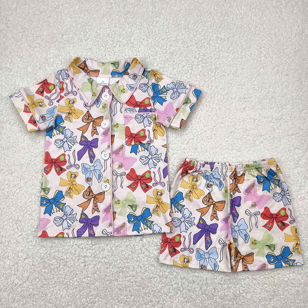 6.20 GSSO2321 RTS NO MOQ Baby Girls Summer Outfits Baby Girls Princess Bow Shorts Pajama Set