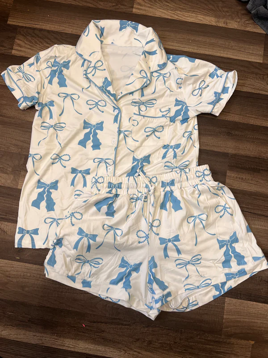 GSSO2322Kids Girls Blue Bow Button down Pajamas Short Sleeves Comfortable Sleepwear for Children