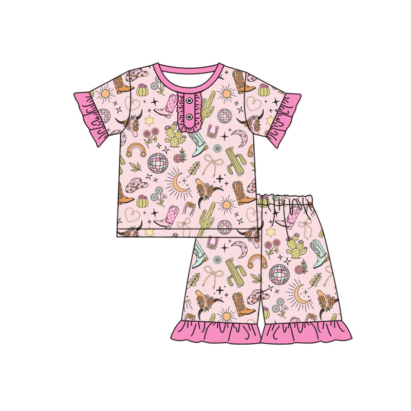 Western Girls Pajamas Set with Bow Cactus Design Halter Top And Shorts Boot Cut out Style Sleepwear for Girls