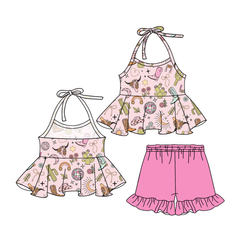 Western Girls Pajamas Set with Bow Cactus Design Halter Top And Shorts Boot Cut out Style Sleepwear for Girls