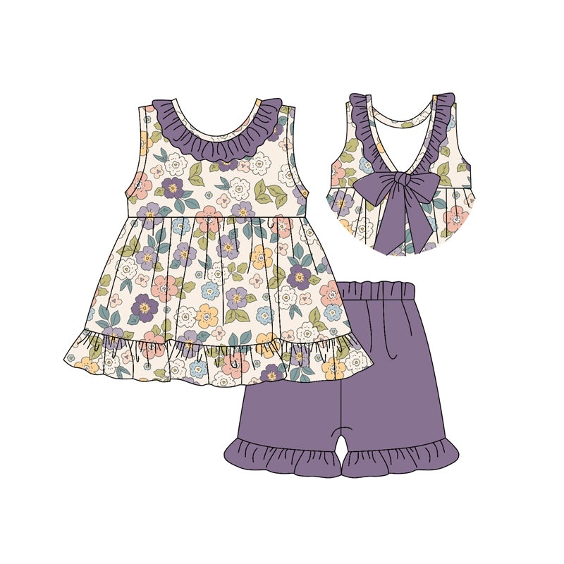 Kids Girls Sleeveless Ruffle Floral Tunic Short Set Summer Clothing Breathable Soft Polyester Outfit for Little Girls