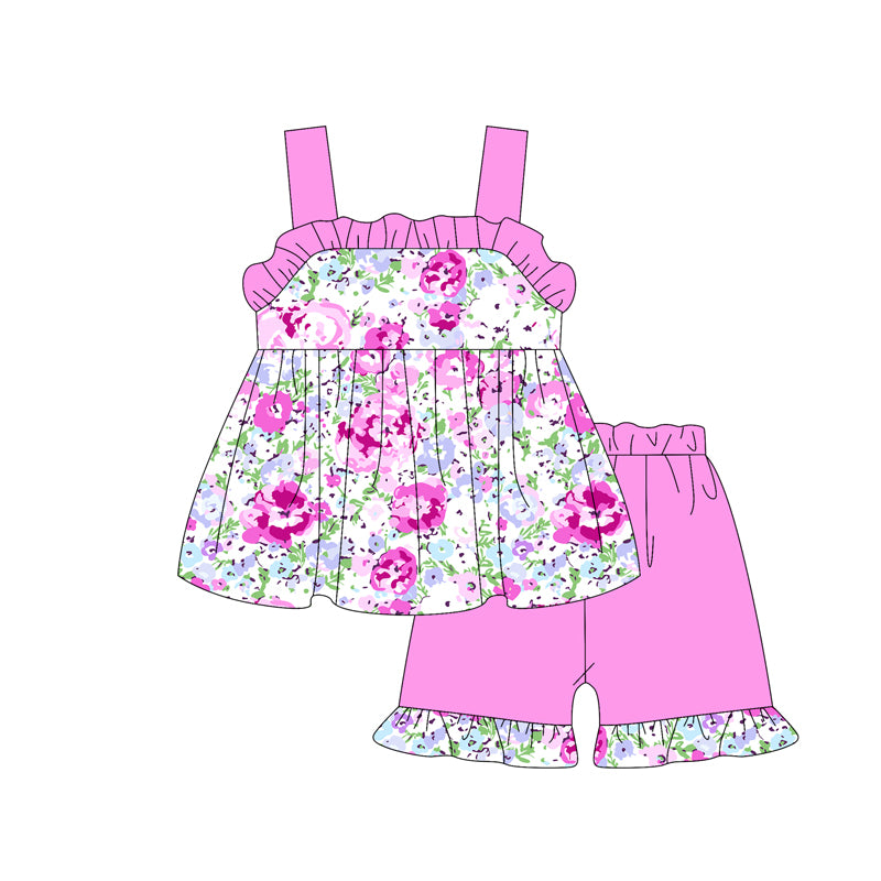 Kids Girls Pink Straps Floral Tunic Ruffle Shorts Set - Floral Print Top with Matching Ruffle Shorts - Spring/Summer Children's Outfit