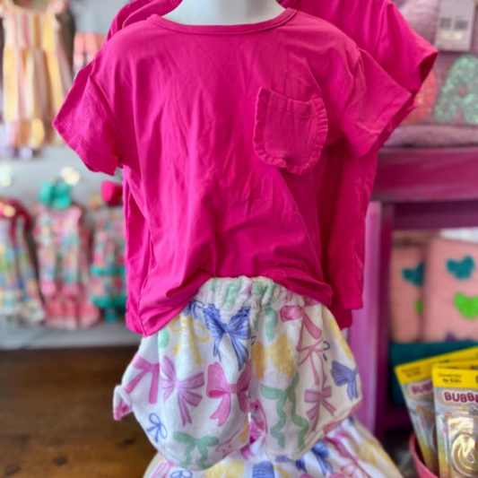 GSSO2327Girls Hot Pink Ruffle Pocket Top with Colorful Bow - Cute And Fashionable Kids Clothing Accessory