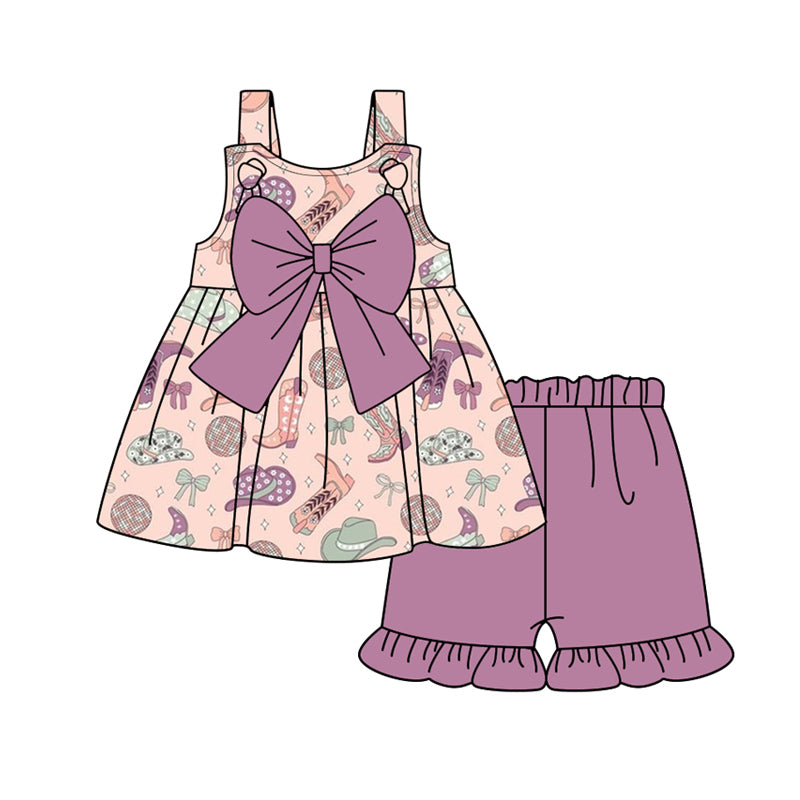Girls Western Clothes Set with Straps Boots Hat Bow Tunic Ruffle Shorts - Children's Outfit Ensemble