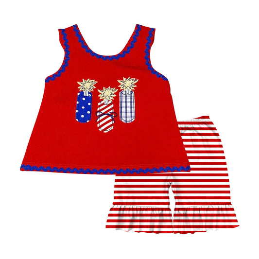 GSSO2330Kids Girls Red Firework Top Stripe Shorts Set 4th of July Patriotic Clothing for Children
