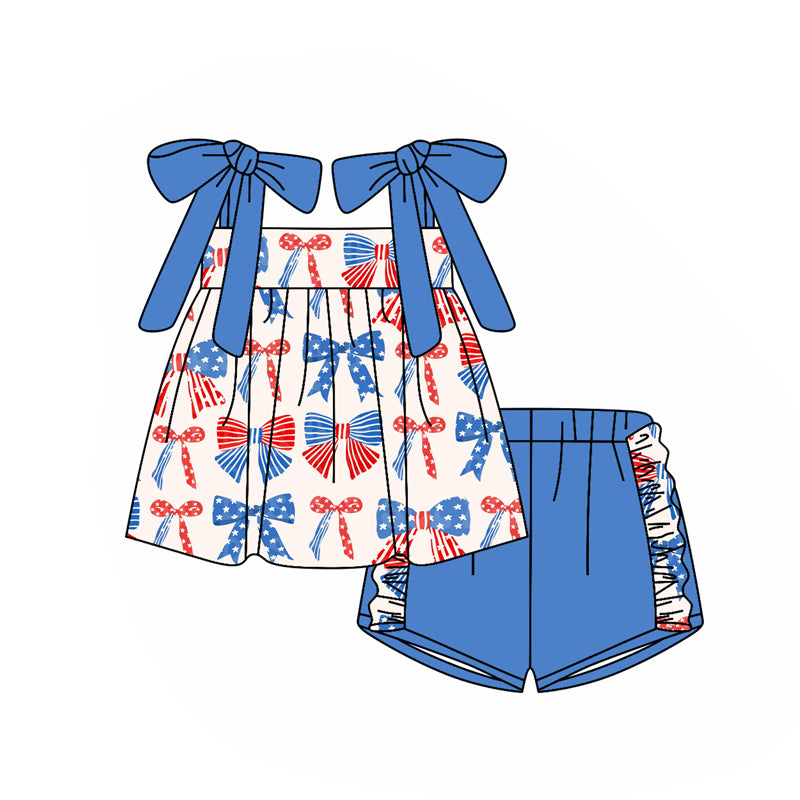 Girls 4th of July Outfit Straps Stars Red Blue Bow Tunic Top with Shorts US Independence Day Themed Clothing for Kids