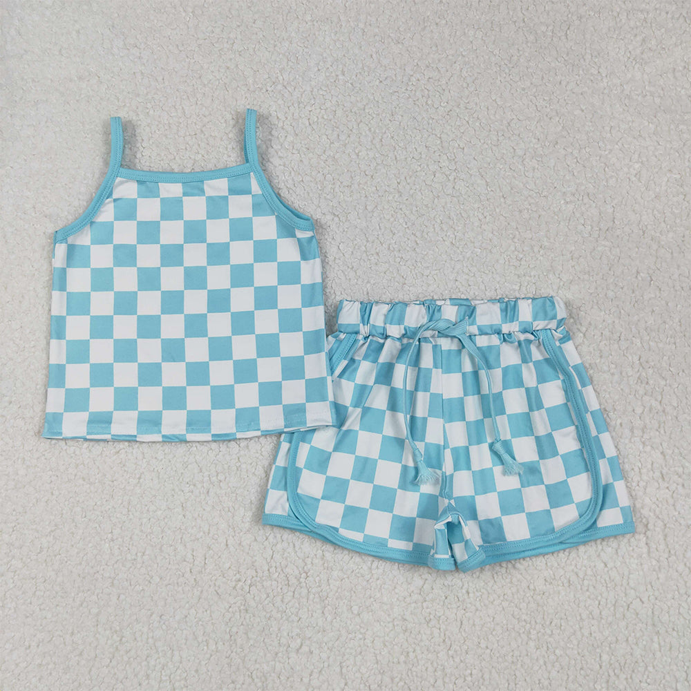8.13  GSSO2332RTS NO MOQ Baby Girls Summer Outfits Baby Girls Blue Strap Plaid Top Short Sport Set