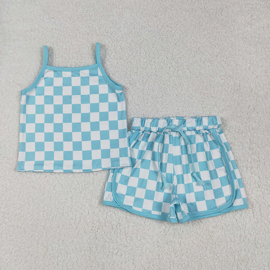 8.13  GSSO2332RTS NO MOQ Baby Girls Summer Outfits Baby Girls Blue Strap Plaid Top Short Sport Set