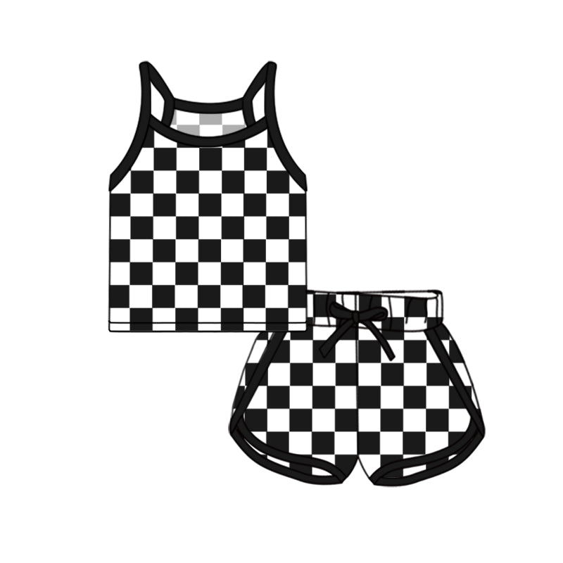 Kids Girls Plaid Top And Straps Black Plaid Shorts Outfit Set - Fashionable Clothing for Children