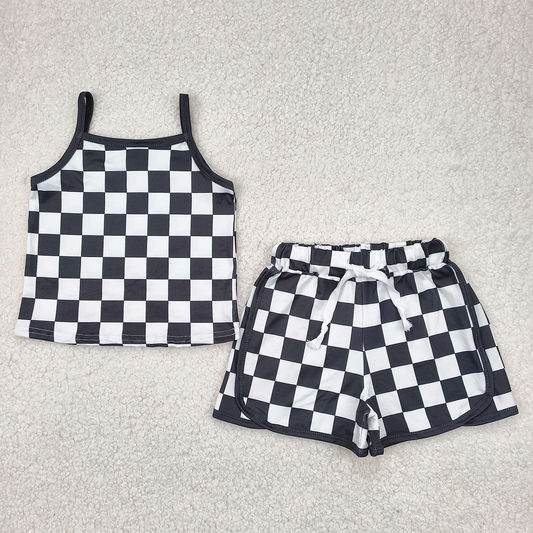 5.17  GSSO2334 RTS NO MOQ Baby Girls Summer Outfits Baby Girls Black Checked Shorts Set