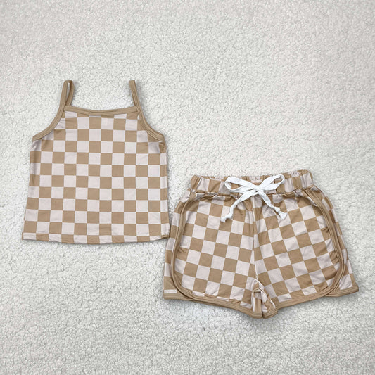 6.20 GSSO2335RTS NO MOQ Baby Girls Summer Outfits baby girls clothes plaid sleeveless shorts set