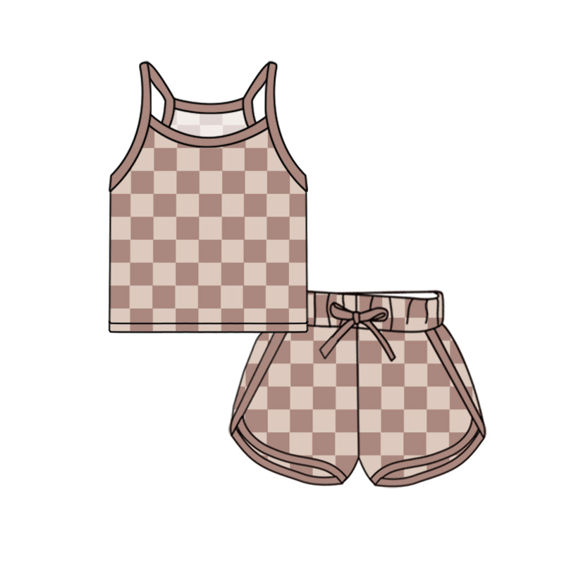 Kids Girls Plaid Top And Straps Black Plaid Shorts Outfit Set - Fashionable Clothing for Children