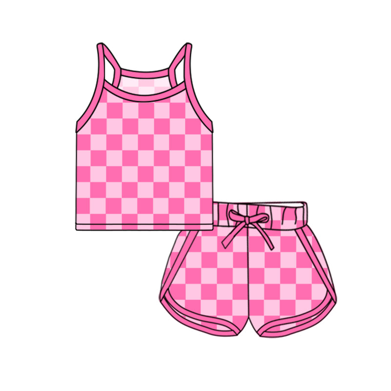 Kids Girls Plaid Top And Straps Black Plaid Shorts Outfit Set - Fashionable Clothing for Children