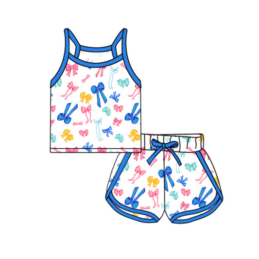 GSSO2339Kids Girls Blue Straps Colorful Bow Top Shorts Outfit Set - Fashionable Clothing for Children