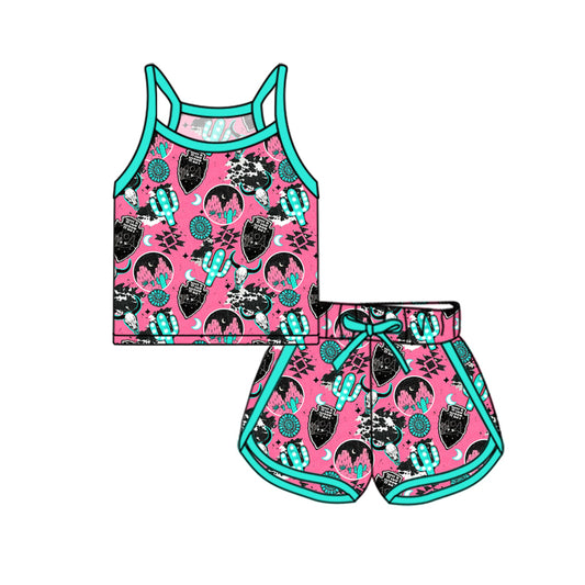 GSSO2340Western Girls Outfits Cactus Bull Skull Strap Top Shorts Set Cute Animal Print Country Style Top Quality Cotton Clothes