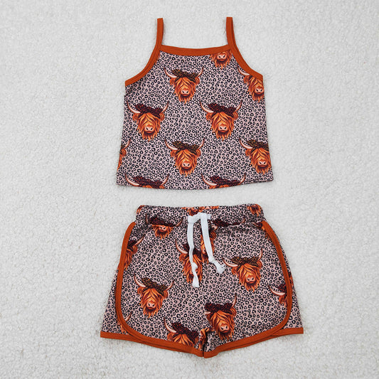 GSSO2341RTS NO MOQ Baby Girls Summer Outfits Girls Western Outfits Leopard Highland Cow Top with Straps Short Set Cute Animal Print Country Style Top And Shorts Ensemble