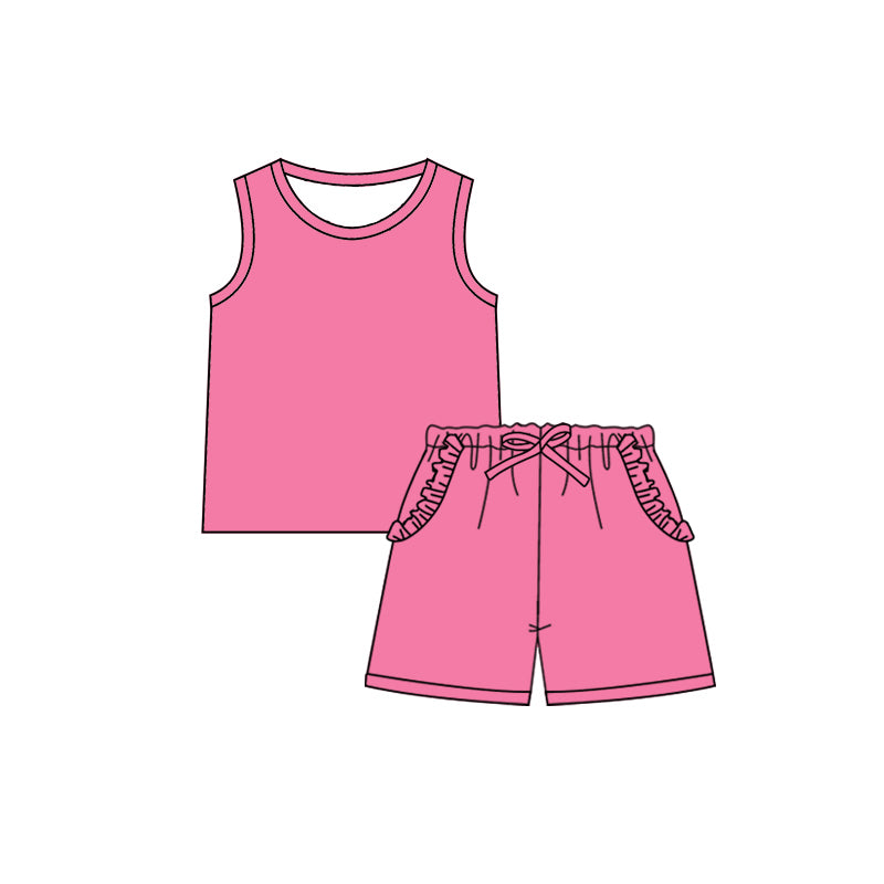 GSSO2342Girls Pink Sleeveless Ruffle Top with Pockets Summer Clothing Set - Casual Outfit with Shorts for Little Fashionistas